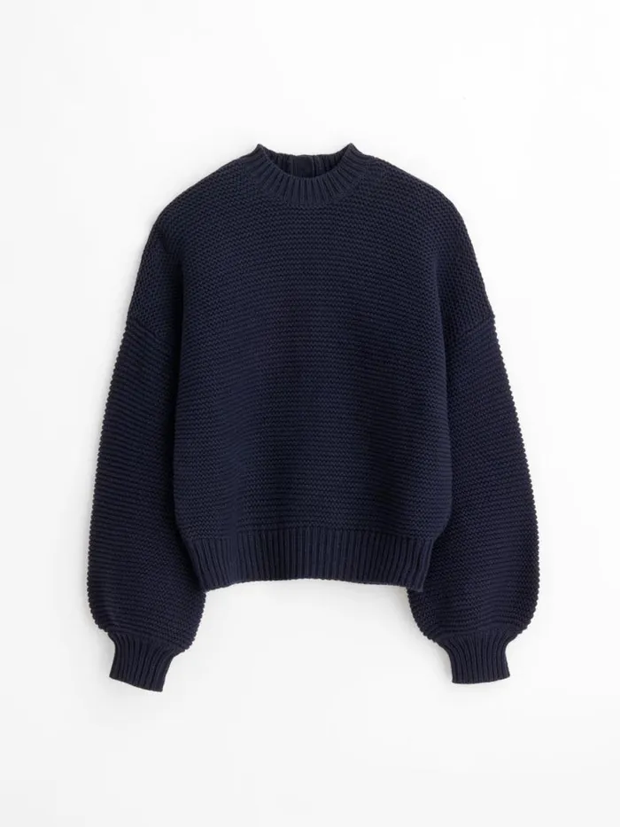 Alex Mill ButtonBack Crewneck Sweater Dark Navy Women Sweaters