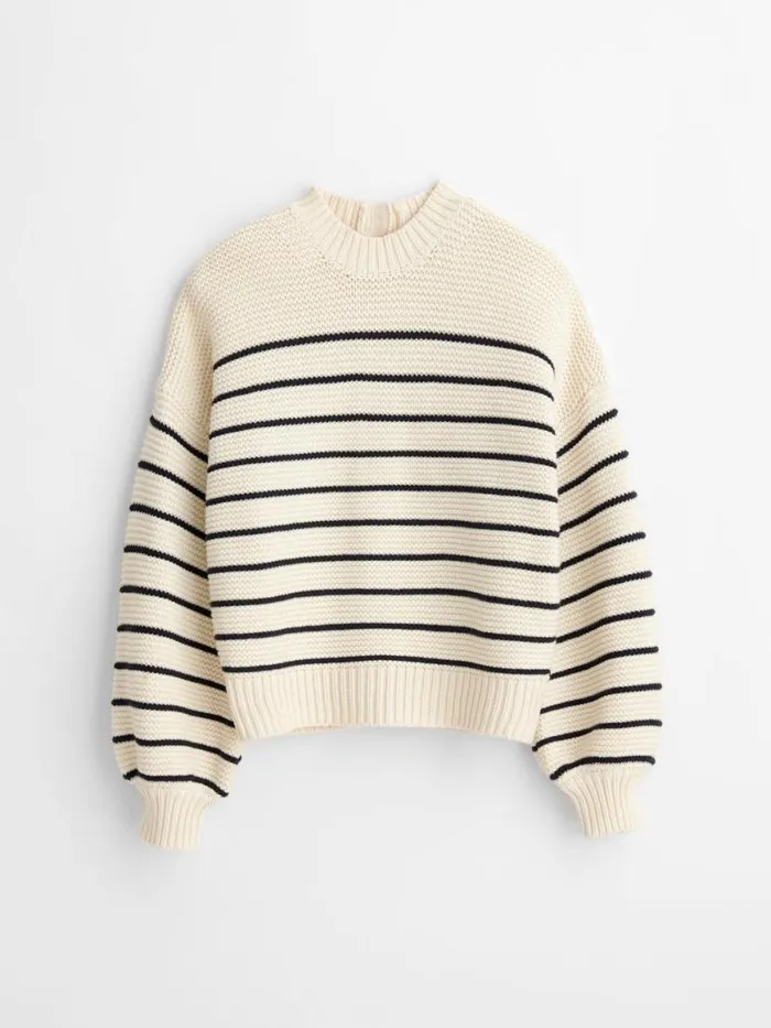 Alex Mill ButtonBack Crewneck Sweater In Stripe Ivorydark Navy Women Sweaters