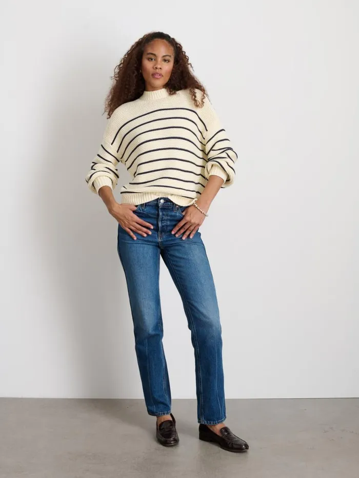 Alex Mill ButtonBack Crewneck Sweater In Stripe Ivorydark Navy Women Sweaters