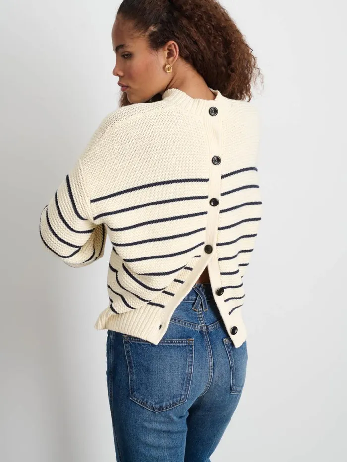 Alex Mill ButtonBack Crewneck Sweater In Stripe Ivorydark Navy Women Sweaters