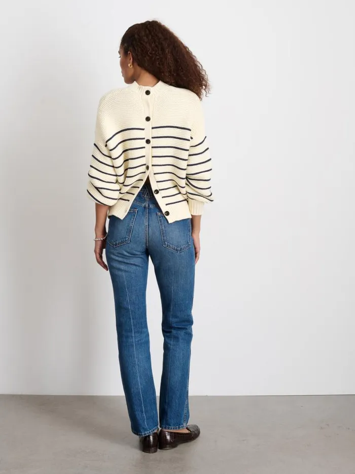 Alex Mill ButtonBack Crewneck Sweater In Stripe Ivorydark Navy Women Sweaters