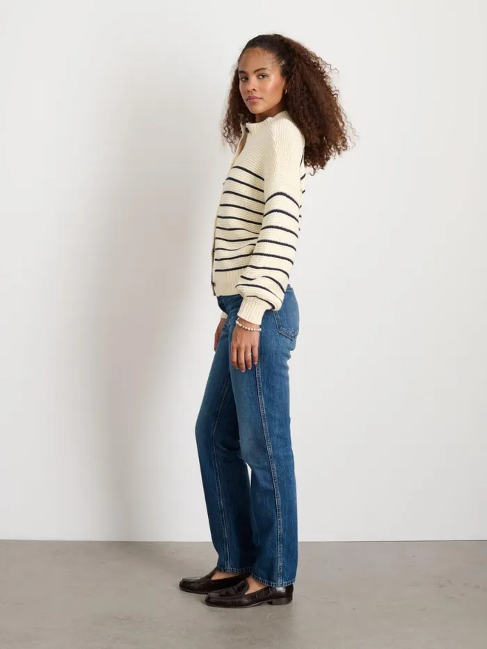 Alex Mill ButtonBack Crewneck Sweater In Stripe Ivorydark Navy Women Sweaters