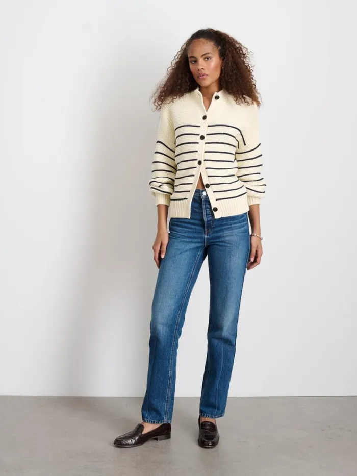 Alex Mill ButtonBack Crewneck Sweater In Stripe Ivorydark Navy Women Sweaters
