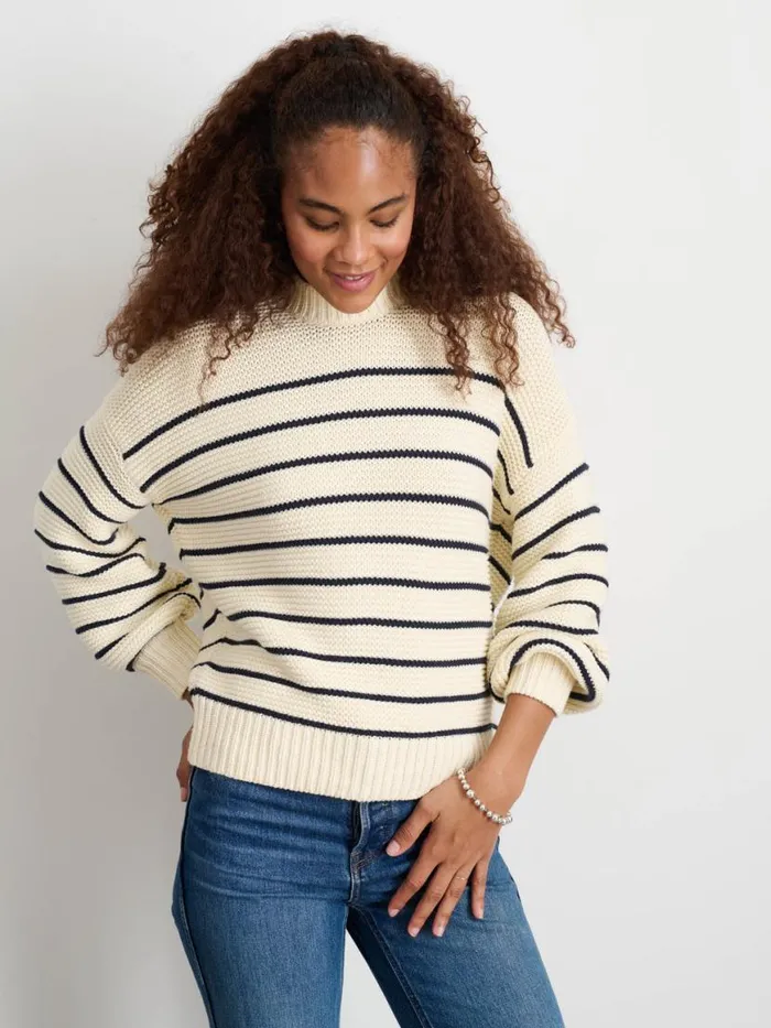 Alex Mill ButtonBack Crewneck Sweater In Stripe Ivorydark Navy Women Sweaters
