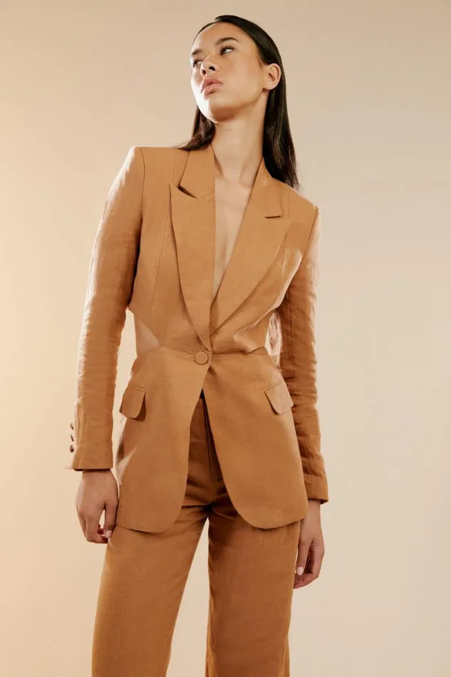 Bardot Blazers Women Domenica Linen Cut Out Blazer In Camel Camel