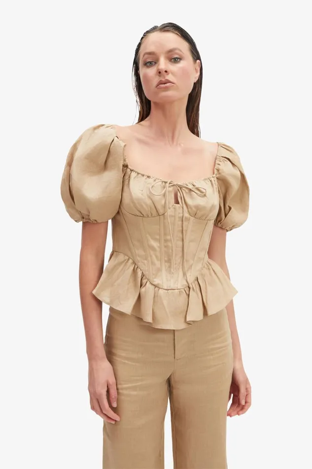 Bardot Corsets Women Esra Puff Sleeve Corset Top In Latte Latte Bardot Corsets Women Esra Puff Sleeve Corset Top In Latte Latte