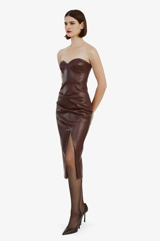 Bardot Day To Night Dresses Women Kai Vegan Leather Midi Dress In Deep Plum Deep Plum