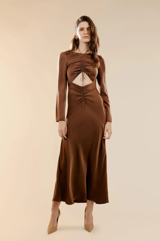 Bardot Party Dresses Women Daring Satin Midi Dress In Chocolate Chocolate