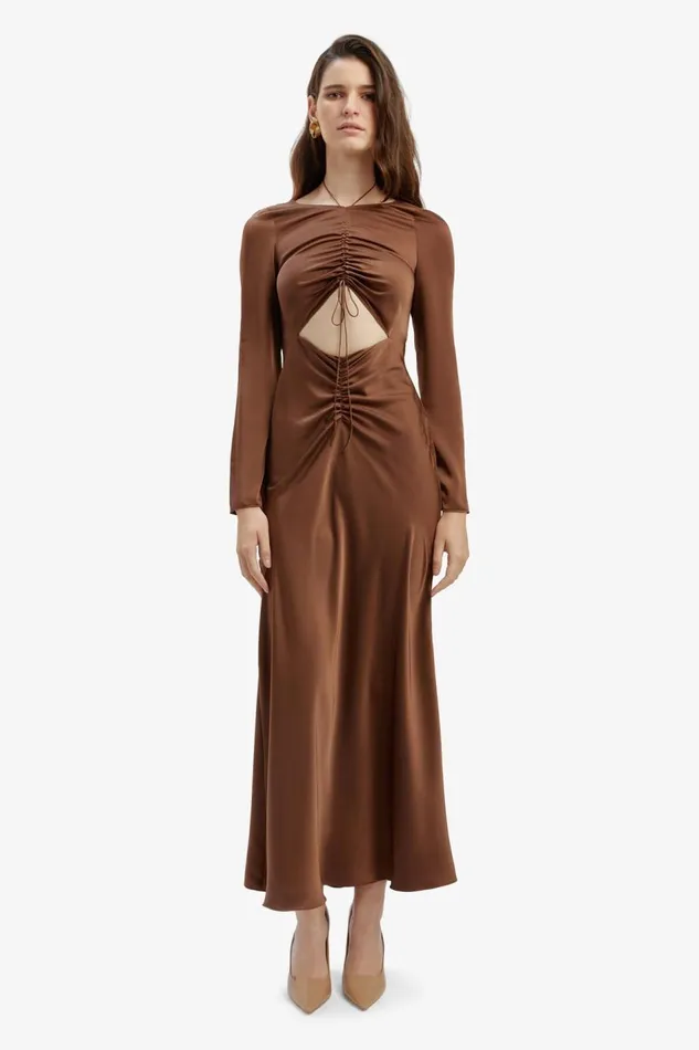 Bardot Party Dresses Women Daring Satin Midi Dress In Chocolate Chocolate Bardot Party Dresses Women Daring Satin Midi Dress In Chocolate Chocolate