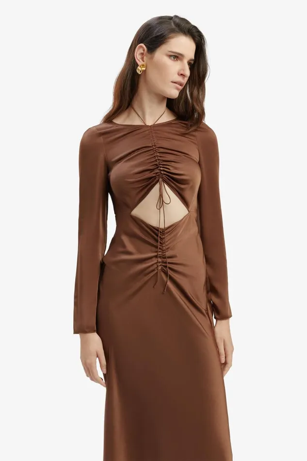 Bardot Party Dresses Women Daring Satin Midi Dress In Chocolate Chocolate Bardot Party Dresses Women Daring Satin Midi Dress In Chocolate Chocolate