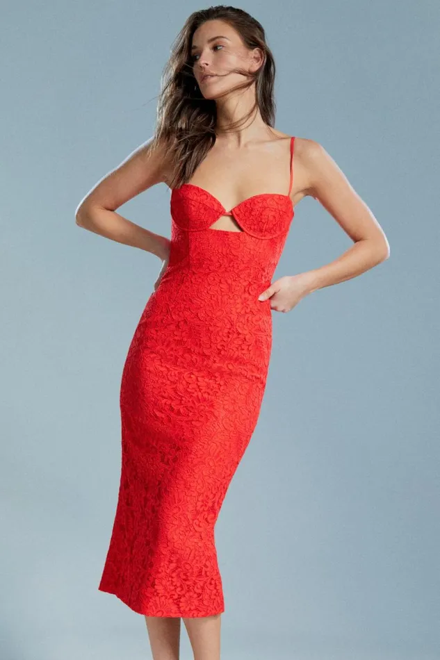 Bardot Party Dresses Women Ivanna Lace Midi Dress In Fire Red Fire Red