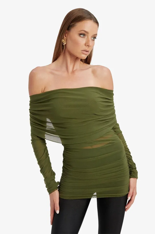 Bardot Party Tops Women Camelia Mesh Top In Khaki Khaki Bardot Party Tops Women Camelia Mesh Top In Khaki Khaki