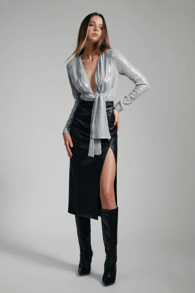 Bardot Party Tops Women Emelia Sequin Wrap Bodysuit In Dove Grey Dove Grey