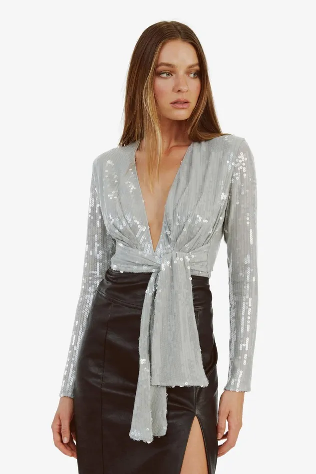 Bardot Party Tops Women Emelia Sequin Wrap Bodysuit In Dove Grey Dove Grey Bardot Party Tops Women Emelia Sequin Wrap Bodysuit In Dove Grey Dove Grey