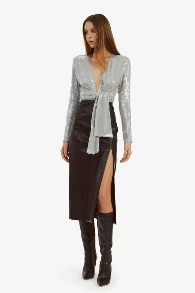 Bardot Party Tops Women Emelia Sequin Wrap Bodysuit In Dove Grey Dove Grey Bardot Party Tops Women Emelia Sequin Wrap Bodysuit In Dove Grey Dove Grey