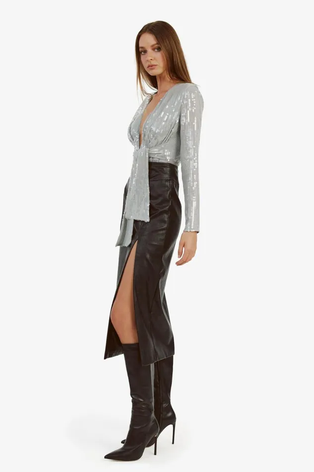 Bardot Party Tops Women Emelia Sequin Wrap Bodysuit In Dove Grey Dove Grey Bardot Party Tops Women Emelia Sequin Wrap Bodysuit In Dove Grey Dove Grey