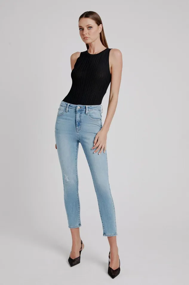 Bardot Skinny Jean Women Khloe Hi Crop Rip Jeans In Light Denim Light Denim