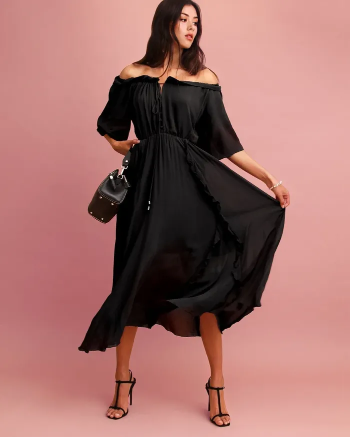 Belle and Bloom Amour Amour Ruffled Midi Dress 8211 Black Women Dresses