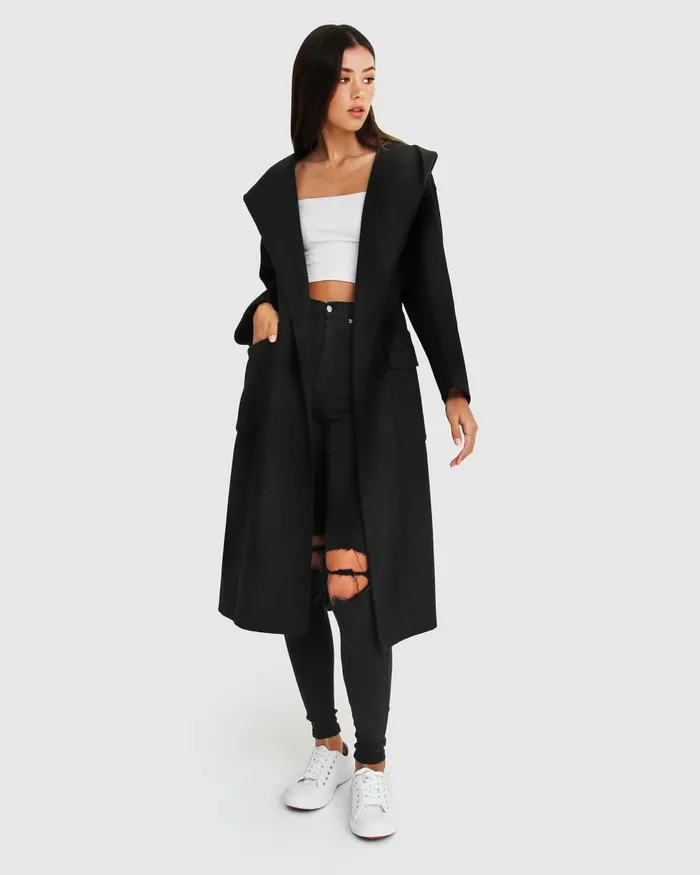 Belle and Bloom Runaway Wool Blend Robe Coat 8211 Black Women Coats and Jackets