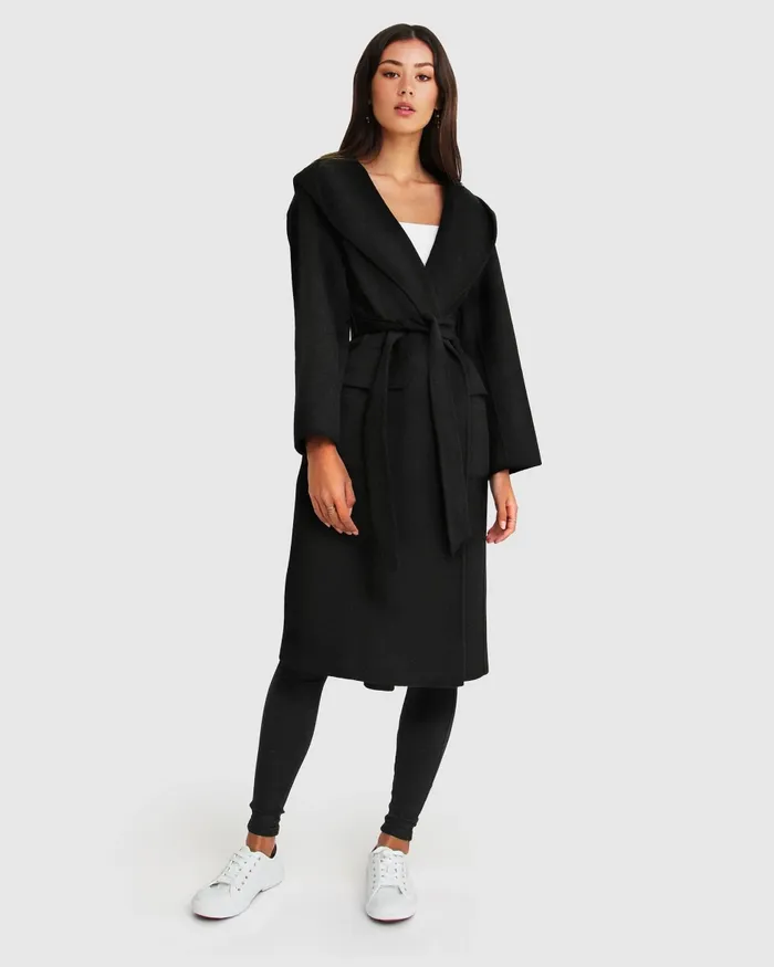 Belle and Bloom Runaway Wool Blend Robe Coat 8211 Black Women Coats and Jackets