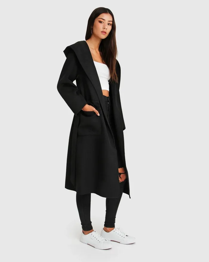 Belle and Bloom Runaway Wool Blend Robe Coat 8211 Black Women Coats and Jackets