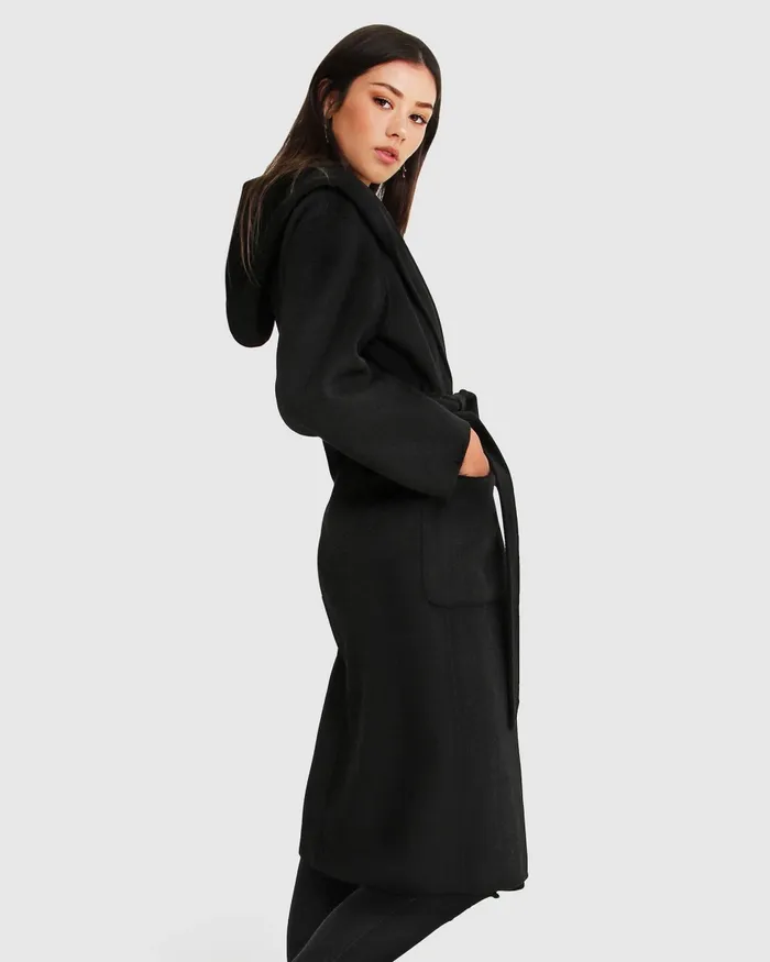 Belle and Bloom Runaway Wool Blend Robe Coat 8211 Black Women Coats and Jackets
