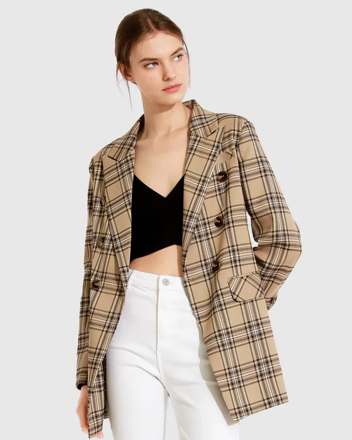 Belle and Bloom Too Cool For Work Plaid Blazer 8211 Camel Women Coats and Jackets Belle and Bloom Too Cool For Work Plaid Blazer 8211 Camel Women Coats and Jackets
