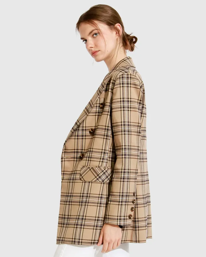Belle and Bloom Too Cool For Work Plaid Blazer 8211 Camel Women Coats and Jackets