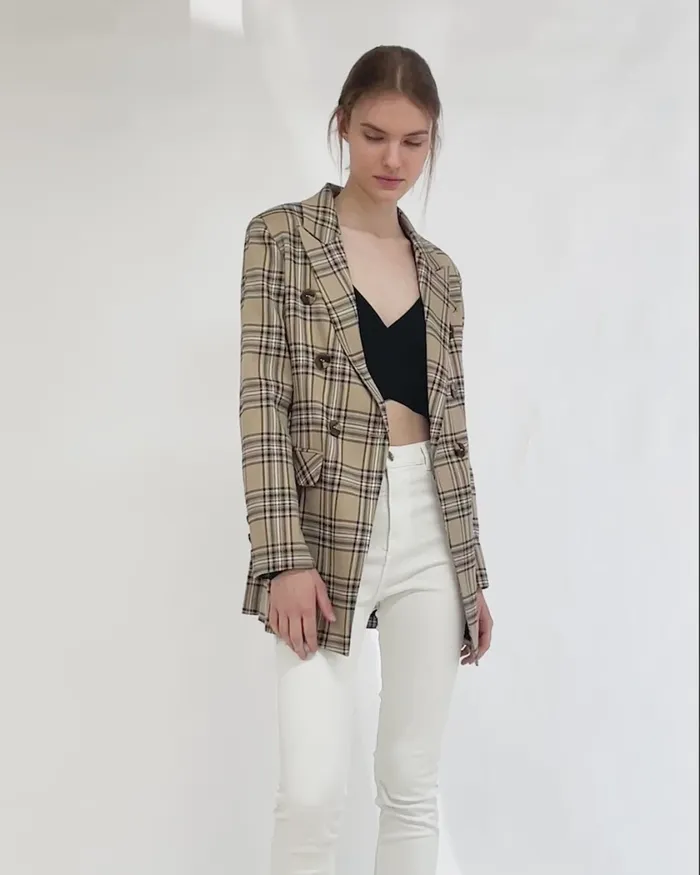 Belle and Bloom Too Cool For Work Plaid Blazer 8211 Camel Women Coats and Jackets