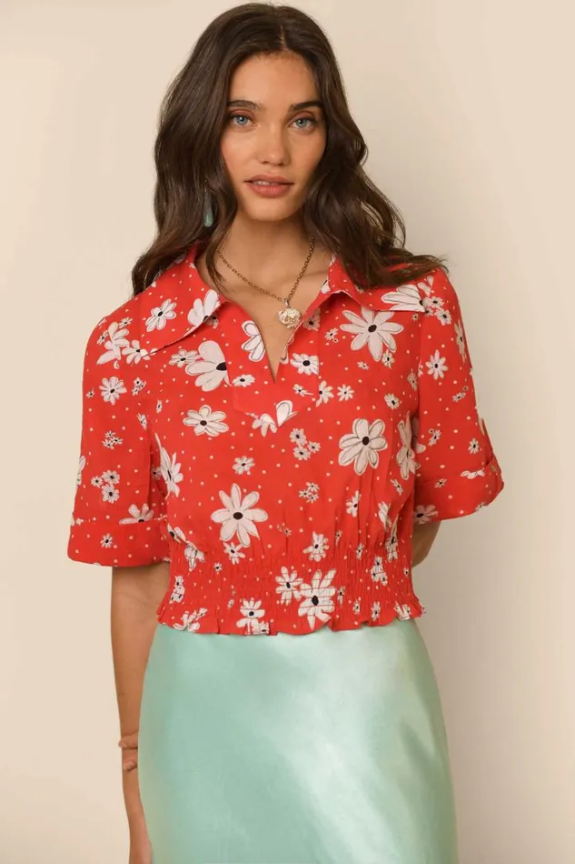 Bina Red Polka Dot Daisy Women RIXO Tops
