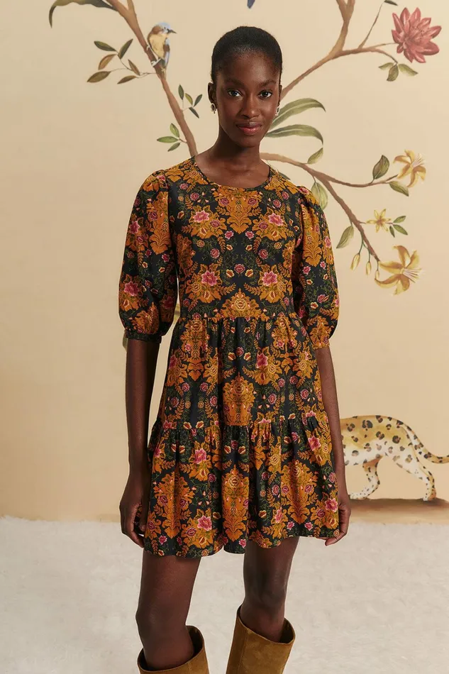 Black Arabesque Floral Puff Sleeve Mini Dress Women FARM Rio Mini Dresses