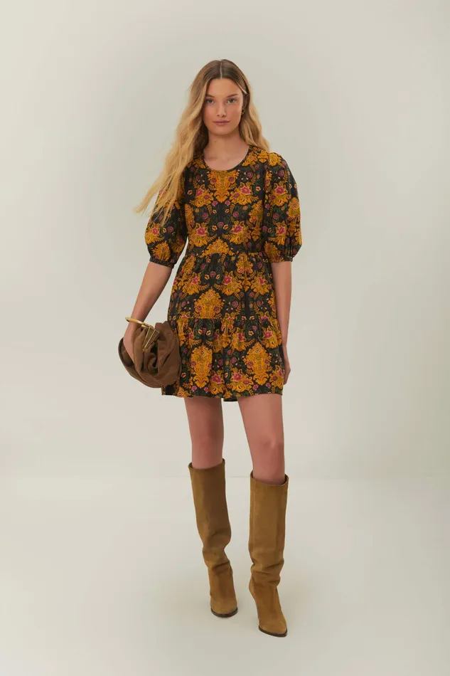 Black Arabesque Floral Puff Sleeve Mini Dress Women FARM Rio Mini Dresses Black Arabesque Floral Puff Sleeve Mini Dress Women FARM Rio Mini Dresses