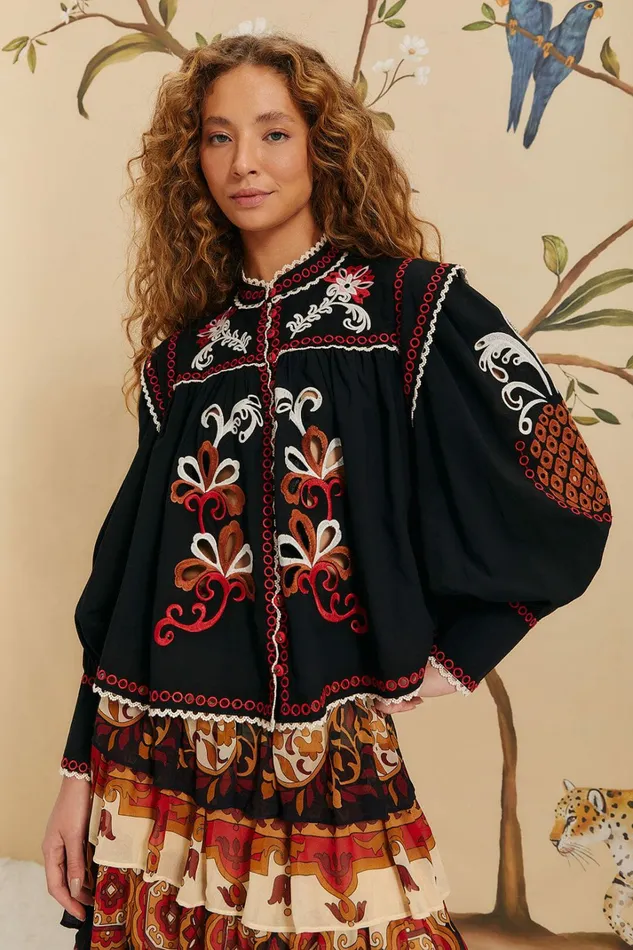 Black Cashew Mandala Richilieu Blouse Women FARM Rio Blouses