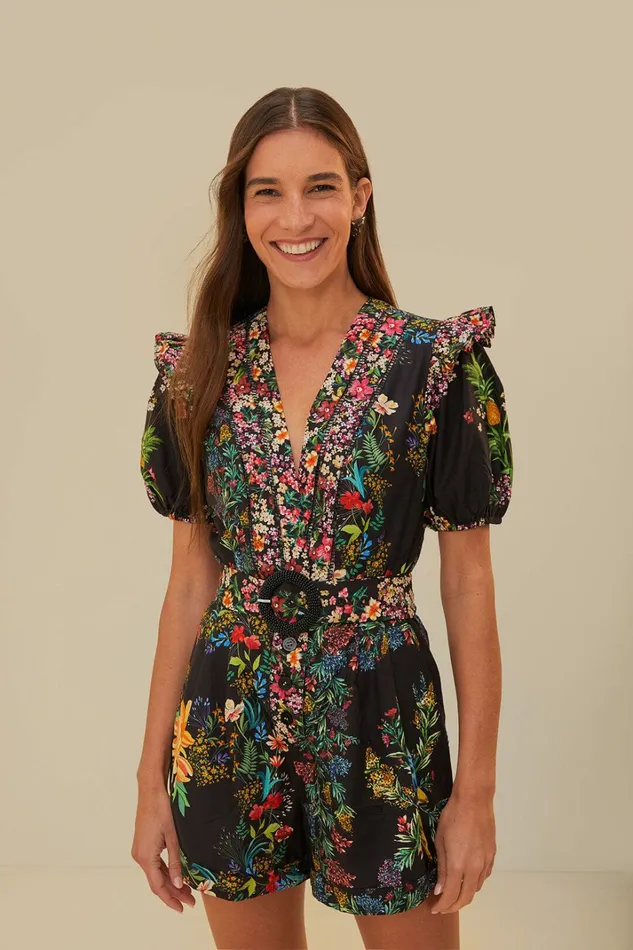 Black Delicate Forest Scarves Organic Cotton Romper Women FARM Rio Rompers