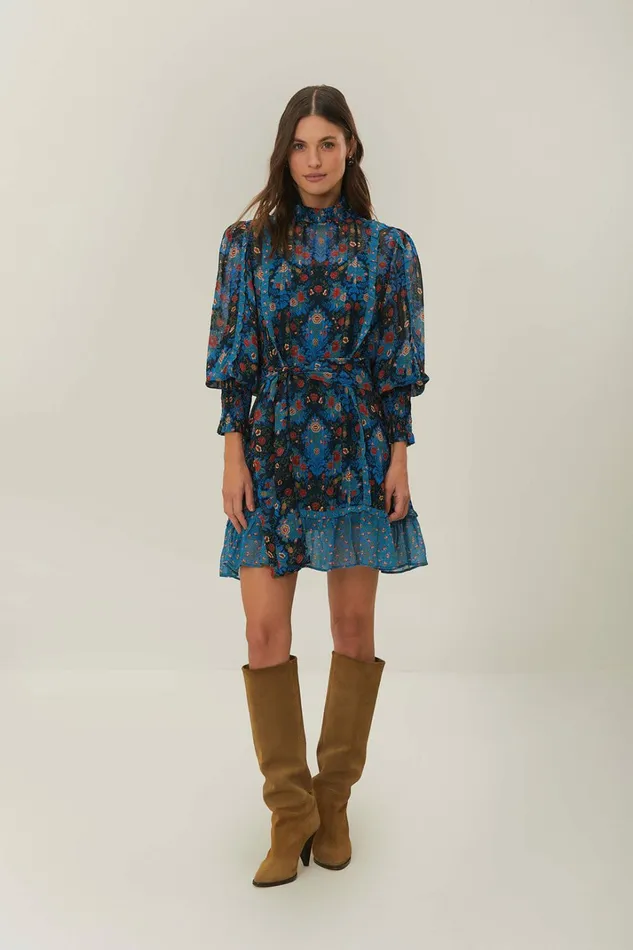 Blue Arabesque Floral High Neck Mini Dress Women FARM Rio Mini Dresses Blue Arabesque Floral High Neck Mini Dress Women FARM Rio Mini Dresses