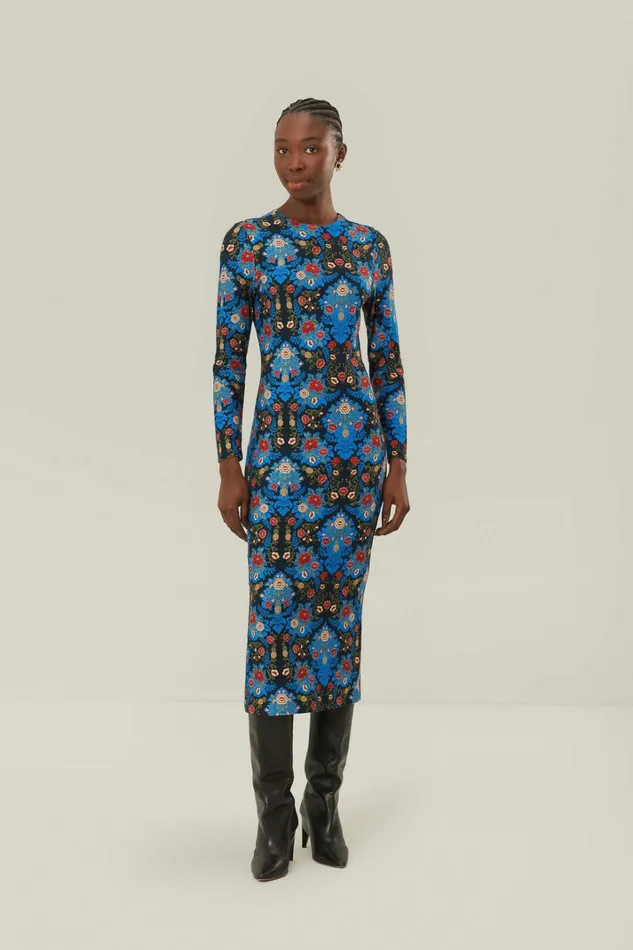 Blue Arabesque Floral Jersey Lenzing Ecovero Midi Dress Women FARM Rio Midi Dresses