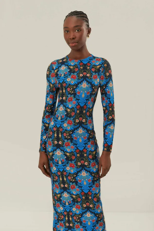 Blue Arabesque Floral Jersey Lenzing Ecovero Midi Dress Women FARM Rio Midi Dresses Blue Arabesque Floral Jersey Lenzing Ecovero Midi Dress Women FARM Rio Midi Dresses