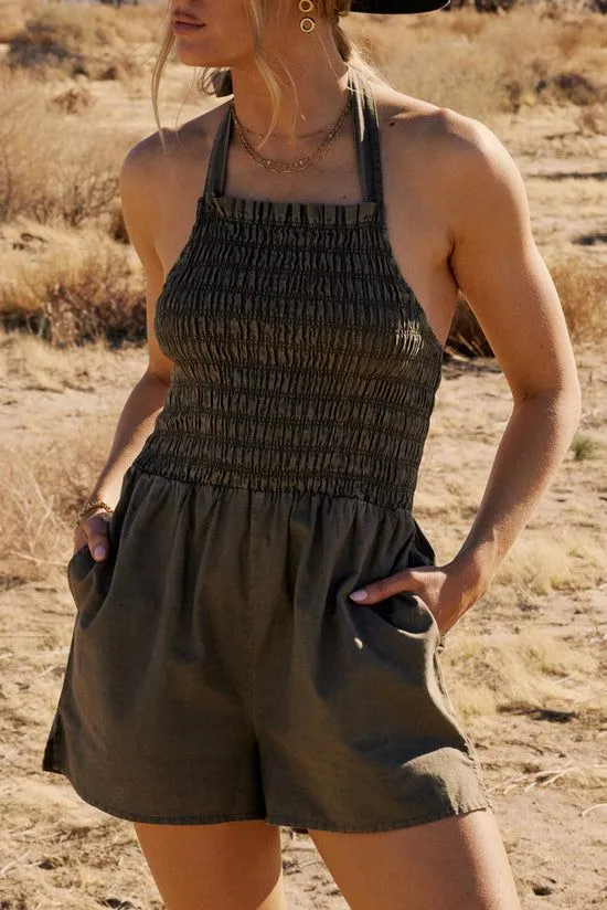 Bohme Bonnie Smocked Romper In Olive Olive Women Dresses