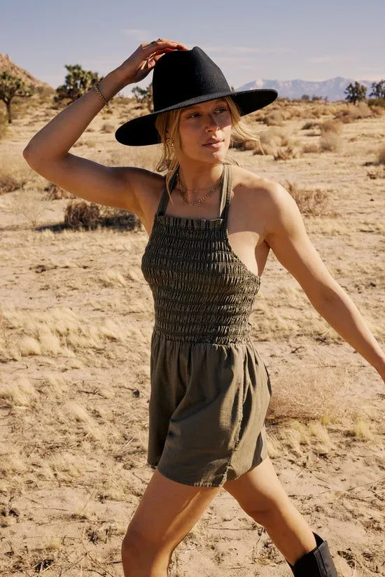 Bohme Bonnie Smocked Romper In Olive Olive Women Dresses