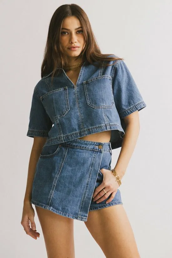 Bohme Gretta Collared Denim Top Medium Wash Women Tops
