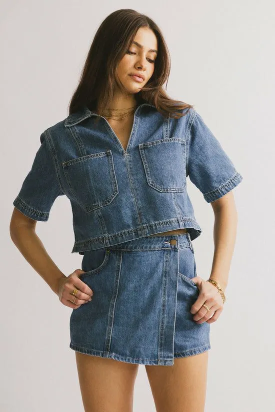Bohme Gretta Collared Denim Top Medium Wash Women Tops