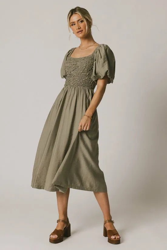 Bohme Janie Smocked Midi Dress In Olive Olive Women Dresses