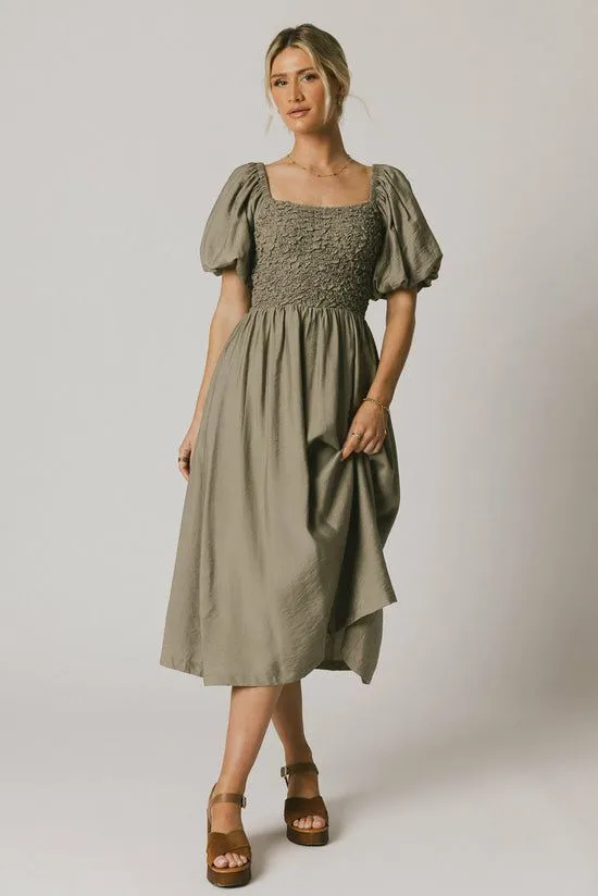 Bohme Janie Smocked Midi Dress In Olive Olive Women Dresses