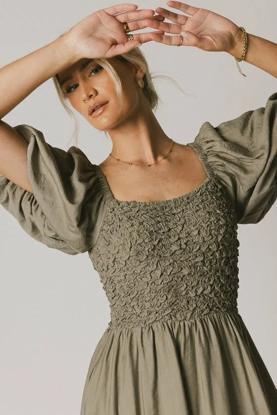 Bohme Janie Smocked Midi Dress In Olive Olive Women Dresses