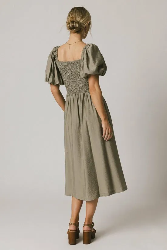 Bohme Janie Smocked Midi Dress In Olive Olive Women Dresses