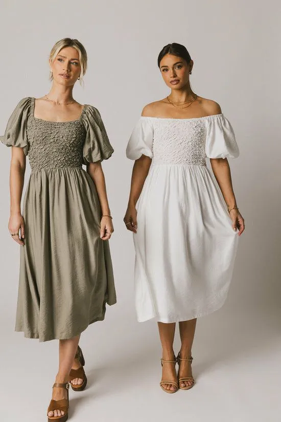 Bohme Janie Smocked Midi Dress In Olive Olive Women Dresses