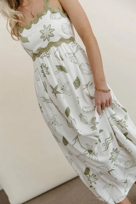 Bohme Lucy Sea Print Maxi Dress Olive Women Dresses