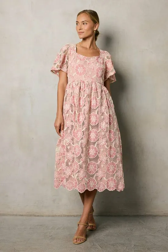 Bohme Mica Embroidered Midi Dress Pink Women Dresses