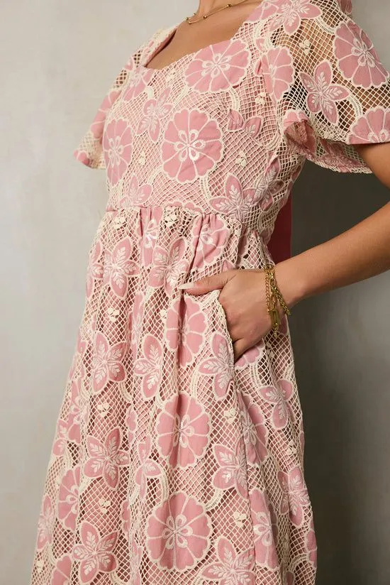Bohme Mica Embroidered Midi Dress Pink Women Dresses