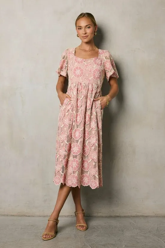 Bohme Mica Embroidered Midi Dress Pink Women Dresses